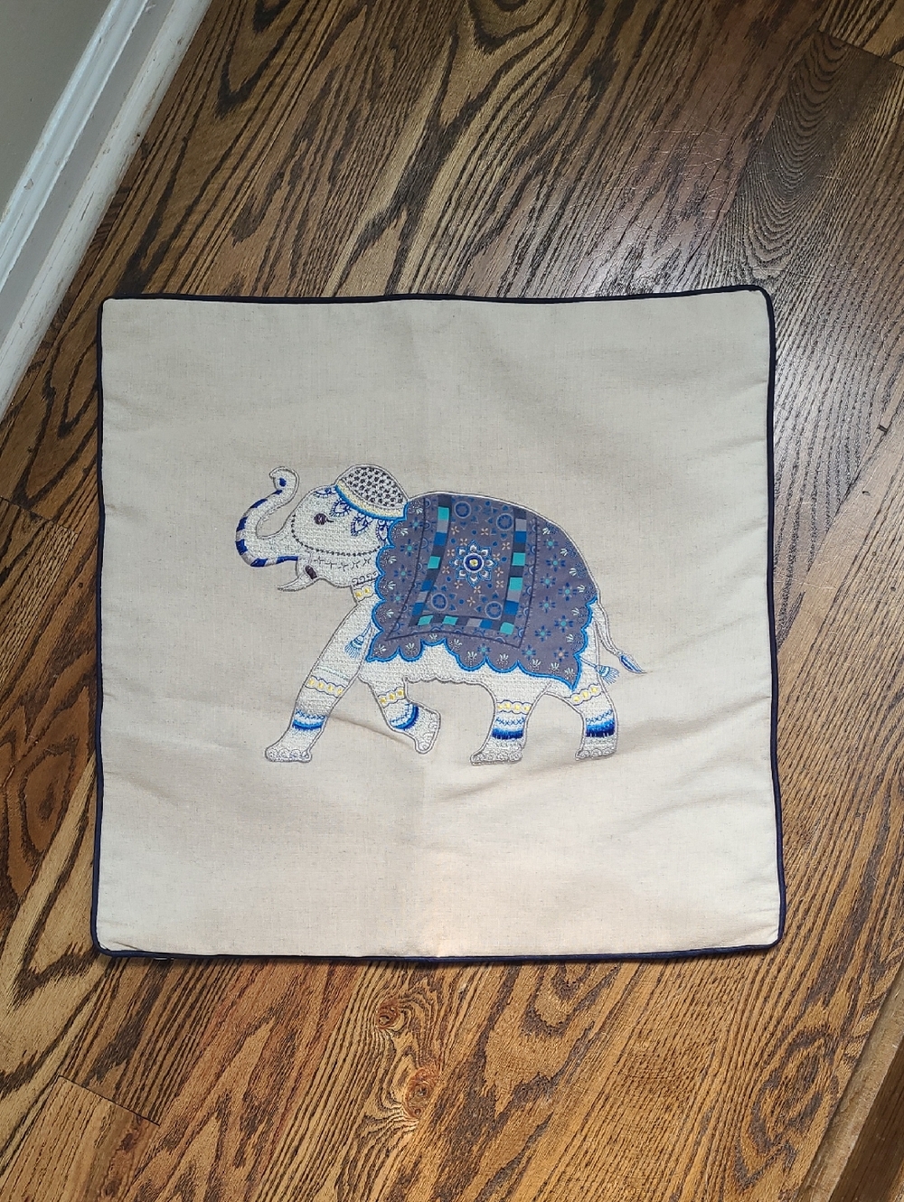 Embroidered Elephant Accent Pillow Cover in Blue and Cream
